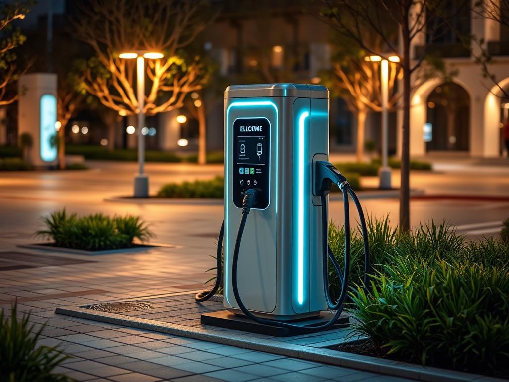 A modern electric vehicle charging station situated in a well-lit public space, with a sleek and minimalist design. The charger is prominently displayed, surrounded by carefully landscaped greenery and paved walkways, creating an inviting and accessible environment for drivers. The scene is illuminated by warm, diffused lighting, casting a welcoming glow and emphasizing the station's importance as a crucial infrastructure for the growing electric vehicle market. The overall composition conveys a sense of functionality, sustainability, and the integration of clean energy technology into the urban landscape.
