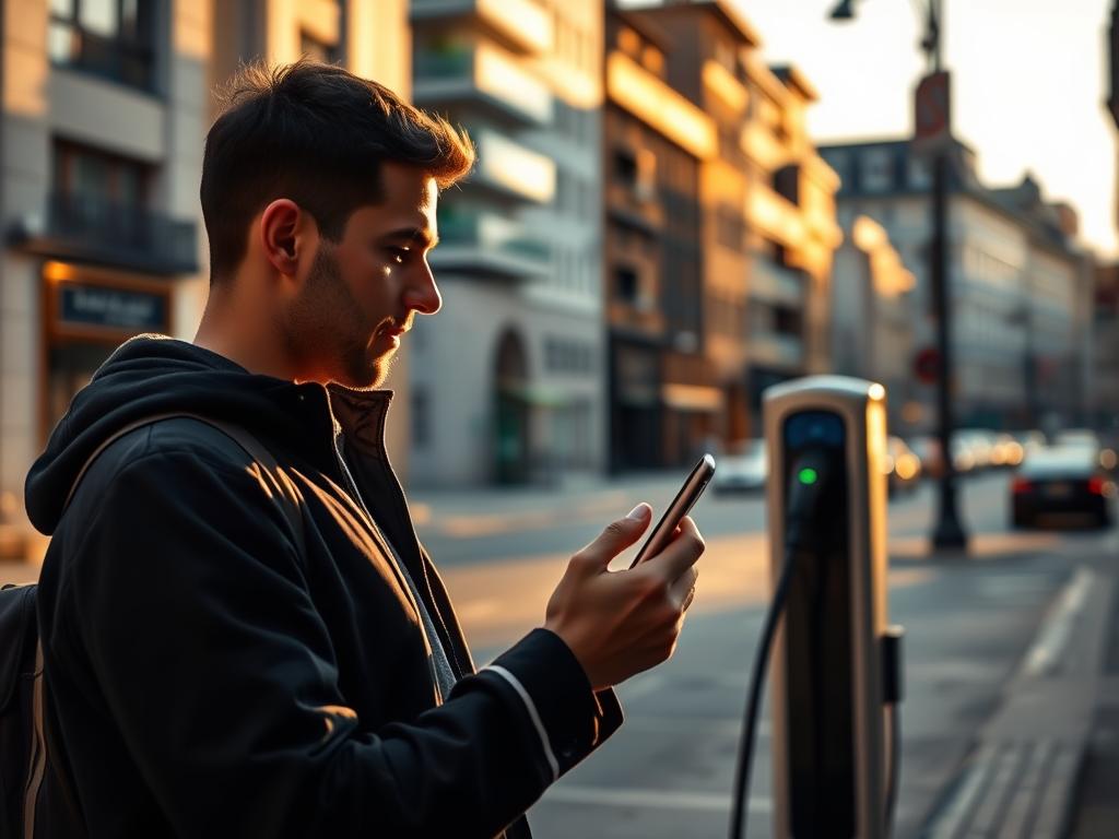 A person standing in a city street, looking intently at their smartphone while searching for the nearest electric vehicle charging station. The scene is bathed in warm, golden-hour lighting, casting long shadows and creating a sense of tranquility. In the background, a mix of modern and historic buildings line the street, hinting at the urban setting. The person's expression conveys a focused determination to find the charging point, emphasizing the importance of this task. The overall mood is one of a thoughtful, deliberate search for a practical solution to the challenge of finding electric vehicle infrastructure in an urban environment.