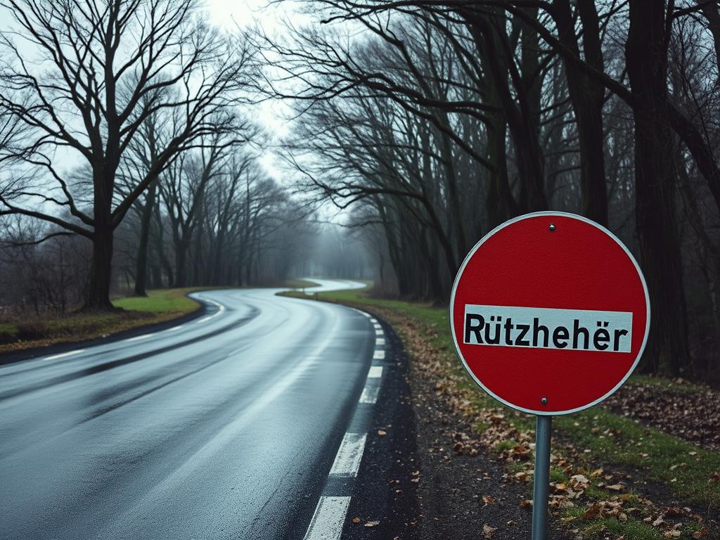 A rain-soaked, winding road stretches into the distance, shimmering under the gloomy, overcast sky. The asphalt glistens with puddles, creating a treacherous, slick surface. Towering trees line the roadside, their bare branches casting long, ominous shadows. In the foreground, a prominent "Rutschgefahr" (Slippery When Wet) sign stands as a stark warning, its bold red-and-white colors cutting through the muted tones. The scene conveys a sense of caution and potential danger, emphasizing the hazardous conditions drivers must navigate on wet, slippery roads.