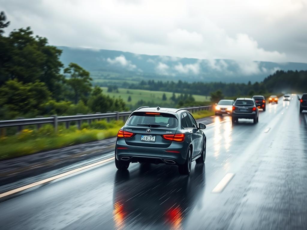 A rainy highway cutting through a lush, verdant landscape. In the foreground, a car navigates the wet tarmac, its wheels hugging the road as the driver demonstrates smooth braking and controlled steering. The scene is bathed in a soft, diffused light, creating an atmosphere of tranquility and focus. In the middle ground, other vehicles maintain a safe following distance, their headlights piercing the misty rain. The background is a panorama of rolling hills, trees, and a cloudy sky, hinting at the broader context of the journey. The image conveys a sense of safety, caution, and the driver's mastery of advanced driving techniques for wet conditions.