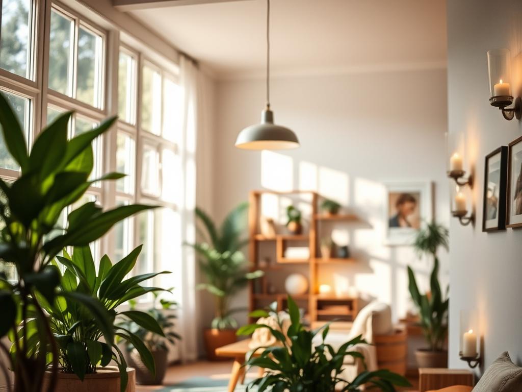 A serene and natural indoor scene, showcasing various sources of ambient lighting. In the foreground, sunlight filters through large windows, casting a warm glow on wooden furniture and lush potted plants. In the middle ground, a pendant lamp hangs gracefully, providing soft, diffused illumination. Along the walls, sconces emit a gentle, flickering candlelight, creating a cozy and inviting atmosphere. The background features bookshelves and art pieces, subtly lit to highlight their details. The overall composition emphasizes the harmonious integration of these natural light sources, conveying a sense of tranquility and well-being.