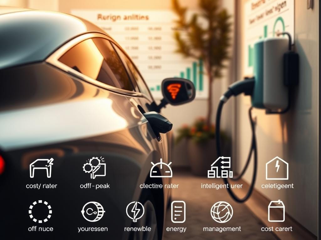 A sleek and modern electric vehicle plugged into a charging station set against a backdrop of affordable electricity rate charts and graphs. The scene is bathed in warm, soft lighting, creating a serene and inviting atmosphere. The car's curves and chrome details are captured in sharp focus, highlighting its efficient and eco-friendly design. In the foreground, a series of icons and symbols illustrate the various cost-saving benefits of specialized electricity tariffs for electric car owners, such as off-peak charging rates, renewable energy sources, and intelligent energy management systems. The overall composition conveys the financial advantages and convenience of adopting an electric vehicle lifestyle supported by tailored energy solutions.