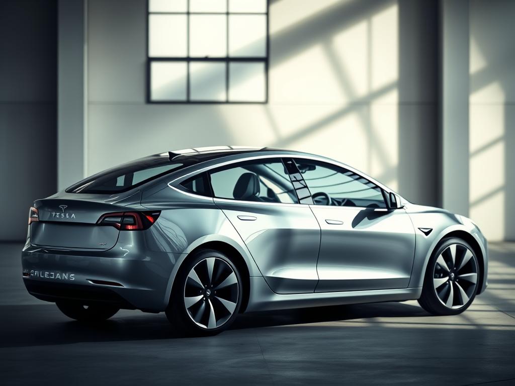 A sleek, metallic-gray Tesla Model 3 parked in a modern, minimalist garage setting. The car's streamlined silhouette is accentuated by dramatic lighting from large windows, casting dynamic shadows across the vehicle's clean, sculpted lines. The interior is visible through the tinted glass, showcasing the elegant, high-tech dashboard and seating. The background is slightly blurred, allowing the Tesla to be the focal point, emphasizing its refined, futuristic design. The overall atmosphere conveys a sense of sophistication, innovation, and the cutting edge of electric vehicle technology.
