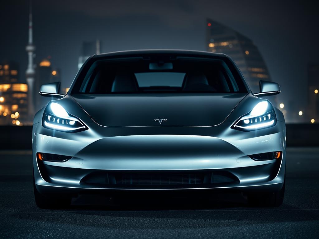 A sleek, silver Tesla Model 3 dominates the frame, its muscular frame and aerodynamic lines conveying a sense of raw power and performance. The vehicle is captured in a three-quarter front view, its headlights piercing the darkness with a brilliant, almost ethereal glow. The background is a dimly lit urban landscape, with skyscrapers and city lights providing a moody, dramatic backdrop. The lighting is dramatic, with shadows and highlights accentuating the vehicle's sculpted curves and taut lines. The overall mood is one of controlled power and technological sophistication, perfectly capturing the spirit of the Tesla Model 3's impressive performance capabilities.