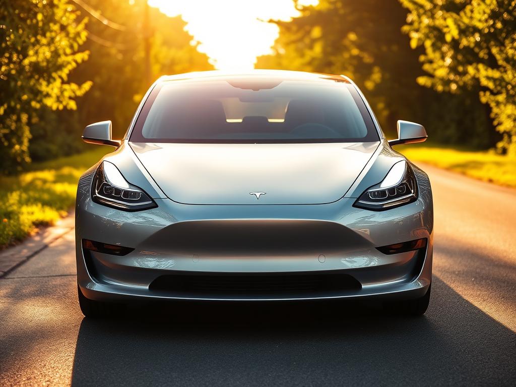 A sleek, silver Tesla Model 3 gleaming under the warm, golden sunlight, parked on a smooth, asphalt road surrounded by lush, verdant foliage. The car's elegant, streamlined silhouette is sharply detailed, showcasing its cutting-edge design and innovative features. The camera focuses on the front quarter view, capturing the car's distinctive, minimalist grille and the intricate, flush-mounted headlights that give the Model 3 a futuristic, high-tech aesthetic. The scene conveys a sense of tranquility and efficiency, reflecting the car's innovative spirit and the seamless integration of technology and sustainability.