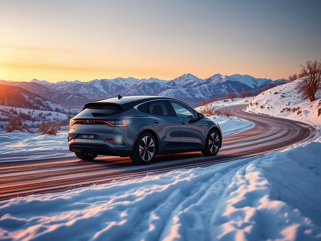 A snowy winter landscape at dusk, with a foreground featuring a sleek, modern electric vehicle parked on a winding road. The car's headlights illuminate the path ahead, while the background showcases a range of snow-capped mountains in the distance, bathed in a warm, golden glow from the setting sun. The scene conveys a sense of tranquility and efficiency, highlighting the electric car's ability to navigate the challenging winter conditions while maximizing its range. The image is captured with a wide-angle lens, providing a comprehensive view of the scene and emphasizing the vastness of the natural surroundings.