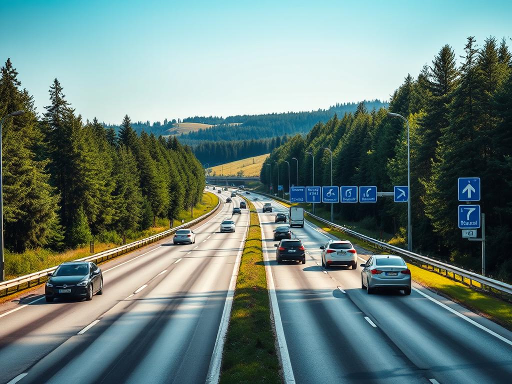 A sun-dappled highway stretches through a verdant German landscape, lined with towering pines and rolling hills. In the foreground, a well-maintained Autobahn winds gracefully, its pristine tarmac dotted with informative road signs in the classic white-on-blue design. Vehicles of various makes and models confidently navigate the lanes, adhering to the established Verkehrsvorschriften. The scene conveys a sense of order, safety, and efficiency, reflecting the meticulous German approach to road regulations and infrastructure. Crisp, high-contrast lighting accentuates the clean lines and vibrant colors, creating a striking, cinematic aesthetic that captures the essence of driving in Germany.