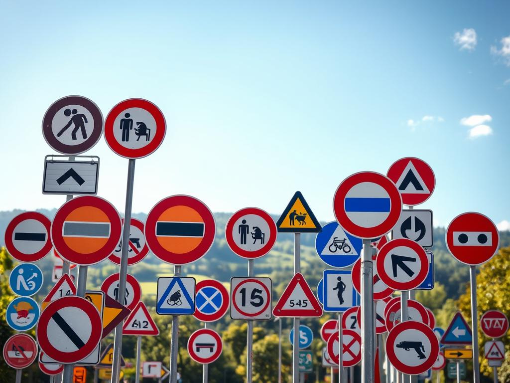 A vibrant collection of German road signs captured against a crisp, sun-dappled backdrop. The foreground features a diverse array of iconic traffic symbols - circular, triangular, and rectangular - rendered in bold, high-contrast colors. The middle ground showcases the signs' clear, easily recognizable pictograms and text, conveying their essential meaning and purpose. The background gently blurs into a serene landscape of rolling hills, lush greenery, and a cloudless azure sky, creating a sense of tranquility and order. Captured with a wide-angle lens to emphasize the comprehensive nature of this quintessential German traffic signage display, the image radiates a sense of efficiency, safety, and civic responsibility.