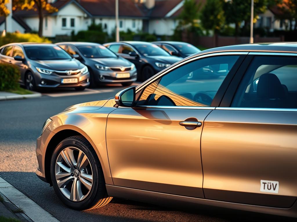 A well-maintained, sleek sedan on a residential street, its registration sticker conspicuously absent. The car stands in the foreground, a warm afternoon light casting subtle shadows across its gleaming body. In the middle ground, a row of neatly parked vehicles, their TÜV stickers visible, while in the background, a row of modest, well-kept houses suggest a quiet, unassuming neighborhood. The scene conveys a sense of normalcy, yet the missing registration sticker on the focal vehicle hints at the potential legal implications and financial costs associated with bypassing mandatory vehicle inspections.