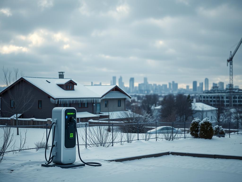 A winter landscape with a modern electric vehicle charging station in the foreground. The station features multiple charging ports, sleek design, and illuminated signage. In the middle ground, a residential or commercial building with a snow-covered roof and icicles along the eaves. The background depicts a city skyline with high-rise buildings and a cloudy, overcast sky. The scene conveys a sense of calm and tranquility, with the charging station providing a focal point for the viewer's attention. The lighting is soft and diffused, creating a muted color palette of blues, grays, and whites, capturing the essence of a chilly winter day.
