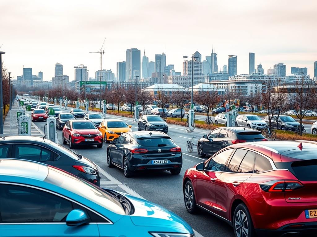 A bustling urban landscape of modern electric vehicles gliding along the streets of Germany. In the foreground, sleek, aerodynamic sedans and SUVs in a variety of vibrant colors charge at state-of-the-art charging stations. The middle ground showcases a diverse mix of private and commercial electric cars, vans, and even electric bicycles, all seamlessly integrated into the urban infrastructure. In the background, a skyline of contemporary high-rise buildings and landmarks highlights Germany's commitment to sustainable mobility. Soft, diffused lighting creates a warm, inviting atmosphere, while the camera angle captures the dynamic energy and progress of Germany's electromobility revolution.