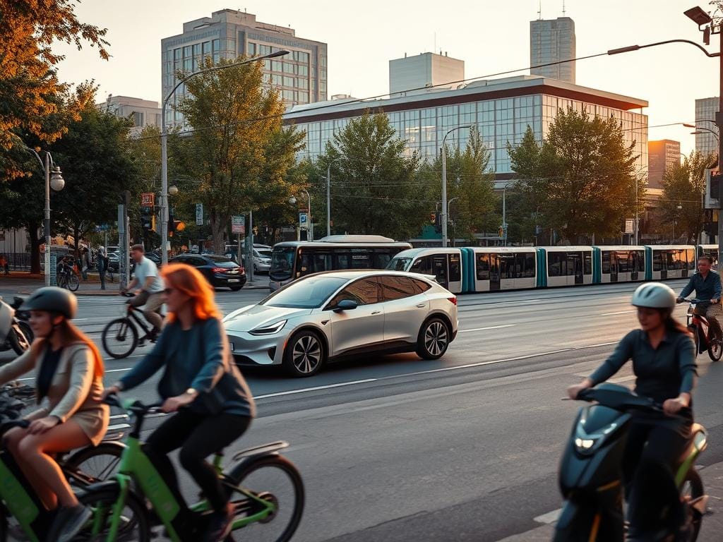 A bustling urban scene showcasing environmentally-friendly modes of transportation. In the foreground, a group of people riding electric bicycles and scooters, their faces lit by the warm glow of the setting sun. In the middle ground, a sleek electric car glides silently down a tree-lined street, its clean lines and muted colors blending seamlessly with the cityscape. In the background, a modern public transportation hub stands as a testament to the city's commitment to sustainable mobility, with hybrid buses and electric trams waiting to whisk commuters to their destinations. The overall atmosphere is one of progress and environmental responsibility, with a sense of tranquility and balance permeating the scene.