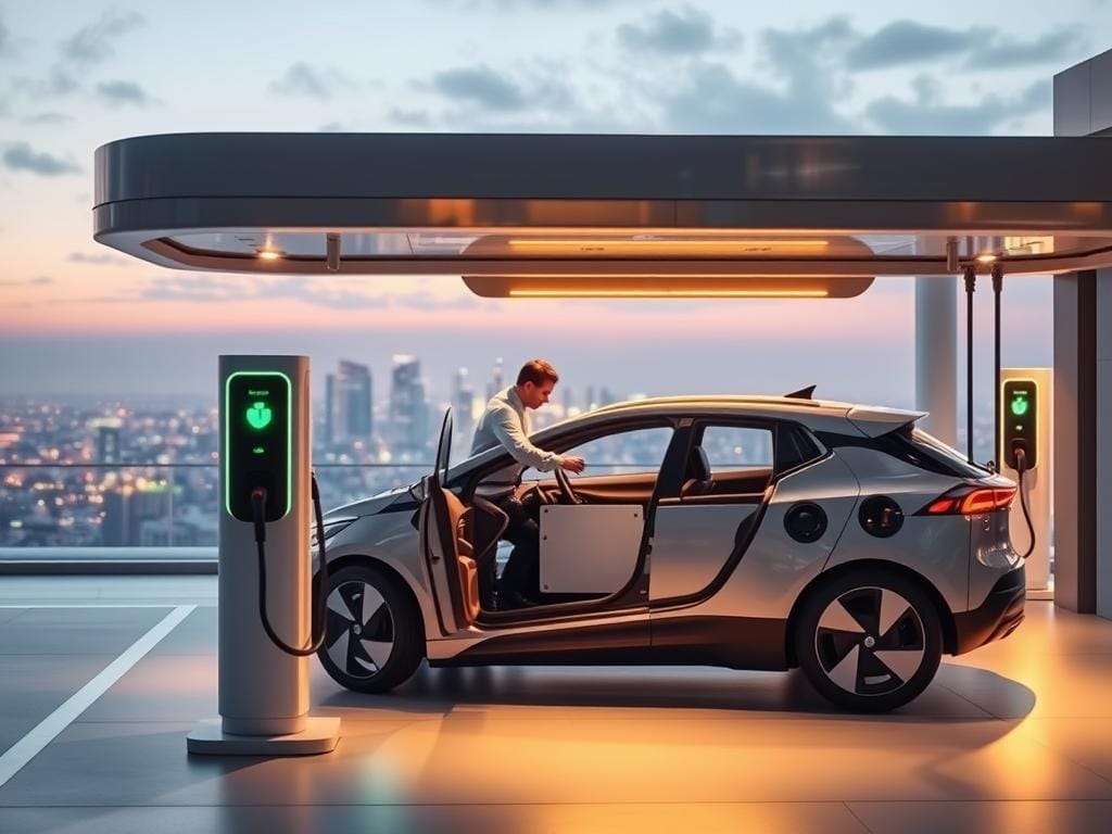 A futuristic electric vehicle battery swap station, bathed in a warm, ambient light. In the foreground, a sleek, modern EV is seamlessly integrated with the charging infrastructure, its battery compartment open and ready for exchange. The middle ground features a team of technicians efficiently swapping the battery module, their movements smooth and choreographed. In the background, a panoramic view of a clean, technologically advanced city skyline, hinting at the sustainable future of transportation. The scene conveys a sense of effortless efficiency, highlighting the convenience and innovation of electric vehicle battery swapping systems.