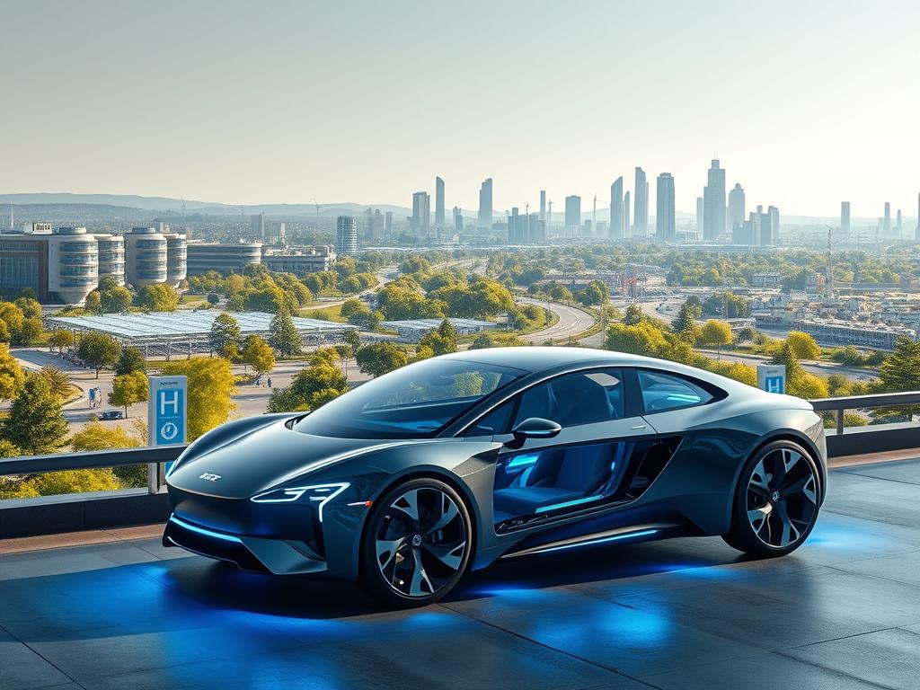 A futuristic, well-lit urban landscape with a prominent hydrogen-powered vehicle in the foreground. The car features a sleek, aerodynamic design with glowing blue accents and a transparent, glass-like body that reveals its advanced, emission-free powertrain. In the middle ground, a network of hydrogen refueling stations and charging hubs are visible, surrounded by modern, eco-conscious architecture. The background showcases a vibrant, green cityscape with lush trees and renewable energy infrastructure, conveying a vision of sustainable, emission-free mobility. The overall scene evokes a sense of technological progress, environmental responsibility, and the promising future of hydrogen-powered transportation.