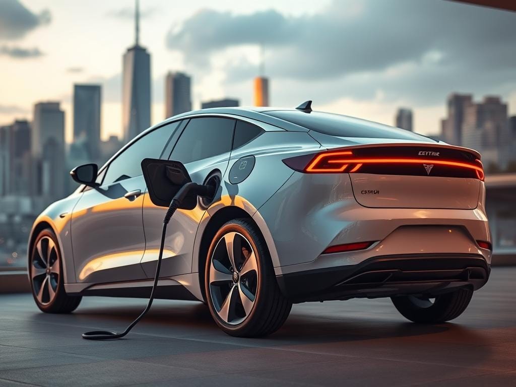 A sleek and modern electric car against a backdrop of a city skyline, with a focus on the car's exterior and key details like the charging port, battery, and aerodynamic design. The scene is illuminated by warm, diffused lighting, casting gentle shadows and highlighting the car's clean, futuristic lines. The image conveys a sense of efficiency, sustainability, and the growing prominence of electric vehicles in urban landscapes.