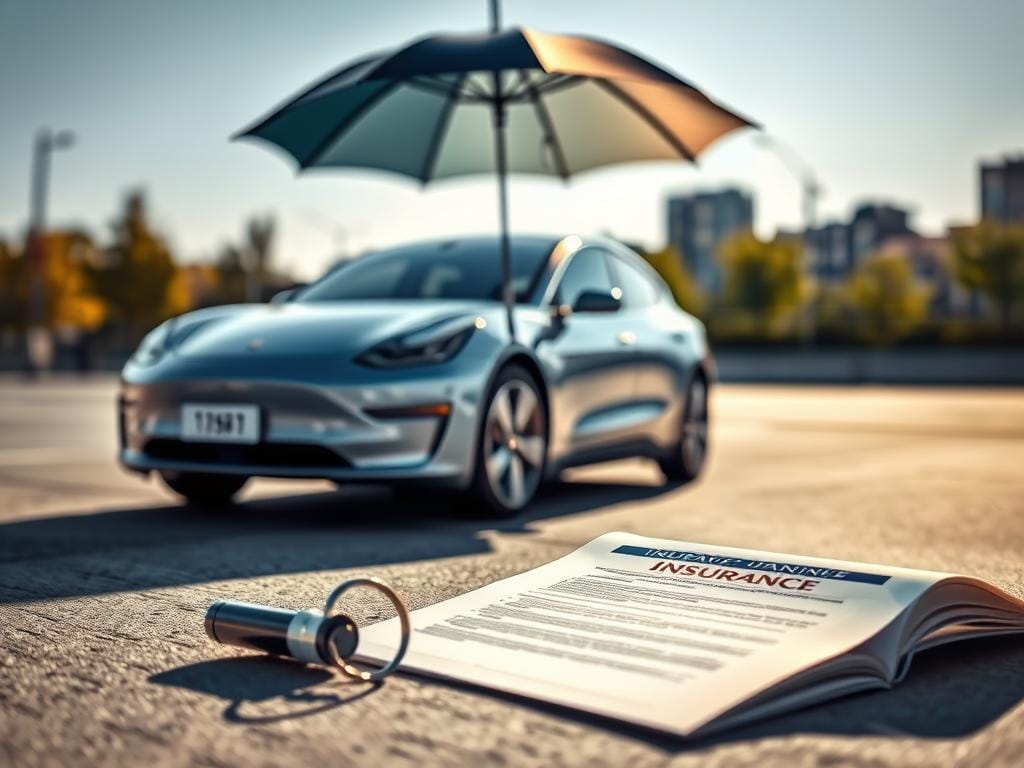 A sleek electric car takes center stage, its streamlined body gleaming under crisp, directional lighting. In the foreground, an open umbrella casts a gentle shadow, hinting at the importance of comprehensive insurance coverage. The middle ground features an insurance policy document, its pages fluttering gently, emphasizing the protection and peace of mind that a dedicated e-auto insurance plan can provide. In the background, a blurred urban landscape suggests the need for reliable coverage in the modern, fast-paced world of electric mobility. The overall atmosphere conveys a sense of security, practicality, and the forward-thinking nature of e-auto insurance.