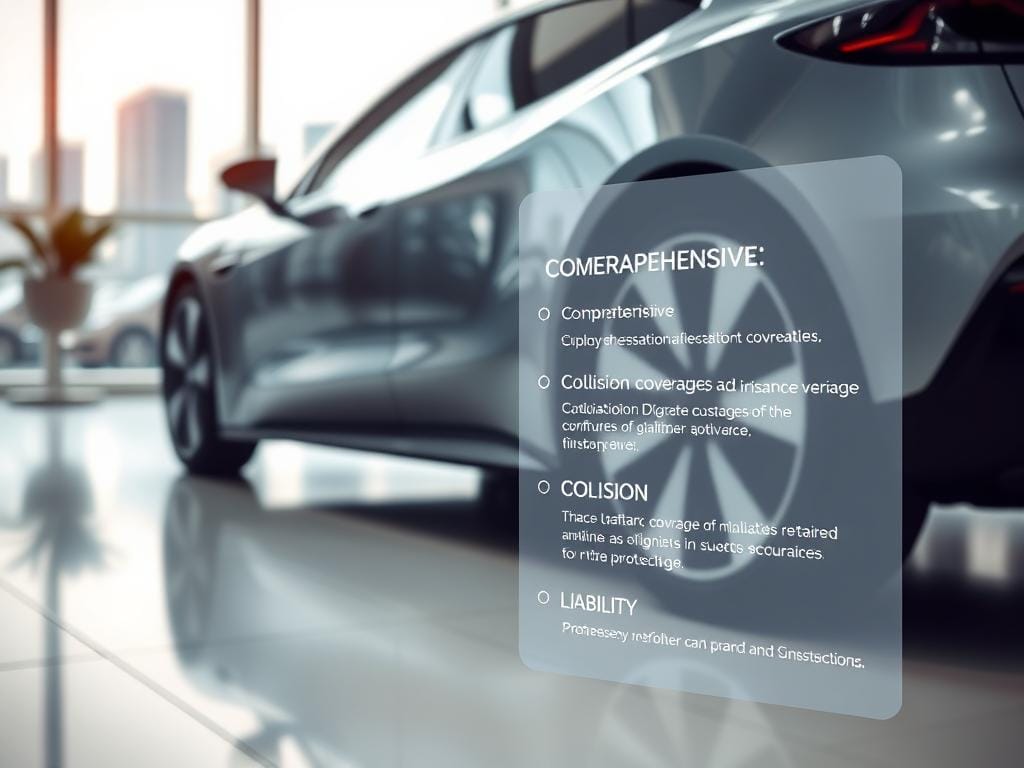 A sleek electric vehicle, its chassis gleaming under the soft, diffused lighting of an insurance office. In the foreground, a transparent overlay depicts the comprehensive coverage details of an e-auto insurance policy - comprehensive, collision, and liability coverage highlighted in a clean, modern interface. The background features a subtle, blurred cityscape, suggesting the versatility and adaptability of this specialized insurance product to the urban electric vehicle owner. The overall tone is one of sophistication, technological innovation, and tailored protection, reflecting the unique needs and considerations of e-auto ownership.