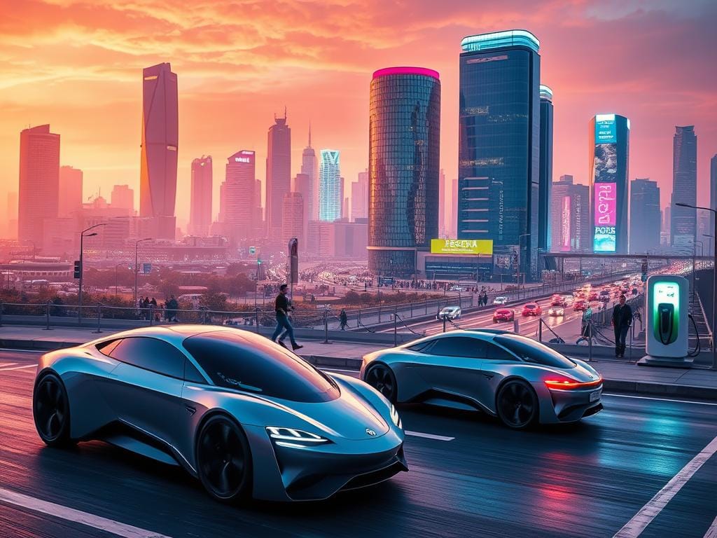An avant-garde scene showcasing cutting-edge electric vehicles. In the foreground, sleek, futuristic e-cars glide silently, their aerodynamic designs and vibrant color schemes exuding technological elegance. In the middle ground, a bustling urban landscape unfolds, with tall, glass-paneled buildings and busy streets dotted with charging stations. The background is dominated by a vibrant, neon-lit skyline, bathed in a warm, futuristic glow that suggests a city at the forefront of sustainable mobility. The overall atmosphere is one of innovation, progress, and a vision for a greener, more efficient automotive future.