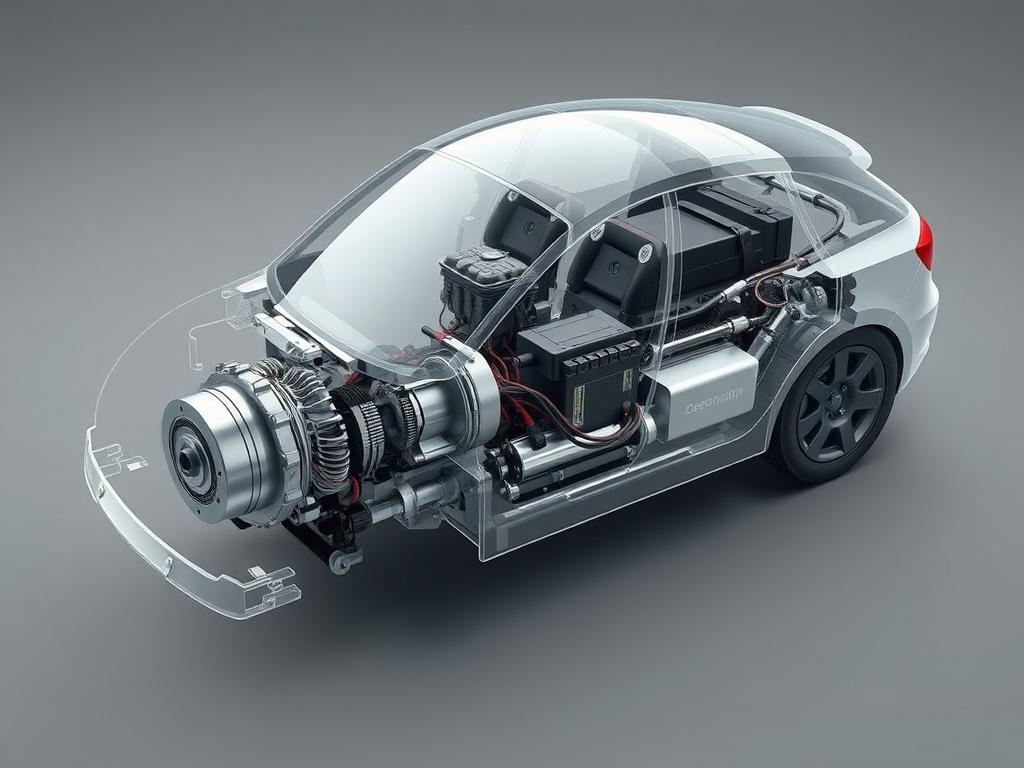A detailed cutaway diagram of a hybrid drivetrain system, showcasing its key components in a technical, yet visually appealing manner. The image should depict the electric motor, internal combustion engine, battery pack, and power control unit in a clear, labeled arrangement, with a focus on illustrating the function and interaction of these elements. Render the scene with a muted, technical color palette and crisp, high-resolution details to convey the sophisticated engineering behind hybrid vehicle technology. Capture the scene from a slightly elevated angle, allowing for a comprehensive view of the hybrid drivetrain's inner workings. Employ realistic lighting and materials to enhance the sense of depth and three-dimensionality, creating an informative and visually compelling illustration.