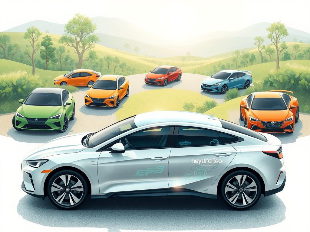 A detailed illustration of eco-friendly hybrid vehicles, showcasing their modern design and advanced technologies. The foreground features a sleek, aerodynamic hybrid car with a seamless blend of electric and combustion engine components. The middle ground presents a range of hybrid models in various colors, highlighting their efficient performance and reduced carbon footprint. The background depicts a serene, nature-inspired landscape with lush greenery, suggesting the environmental benefits of these sustainable transportation options. The scene is illuminated by soft, natural lighting, creating a calming and inviting atmosphere that aligns with the advantages of hybrid vehicles.