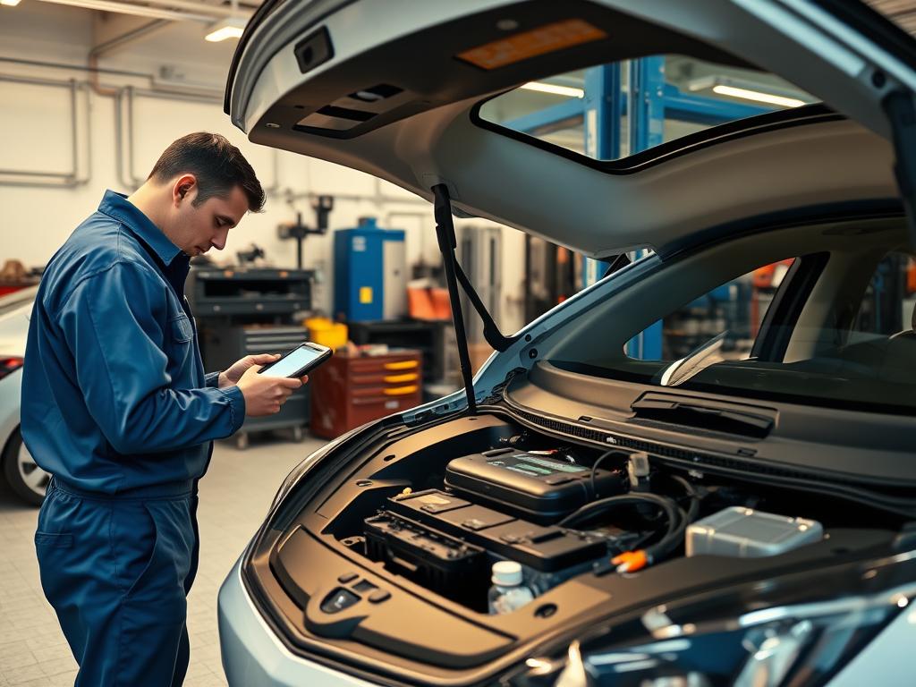 A well-lit, detailed interior of an electric vehicle repair shop. In the foreground, a mechanic in a blue jumpsuit is carefully inspecting the battery pack of an open electric car, using diagnostic tools. The middle ground features various tools, spare parts, and a hydraulic lift in the background. The scene has a clean, organized atmosphere, conveying the importance of proper maintenance for electric vehicles. Soft, warm lighting illuminates the space, creating a professional and reassuring mood. The camera angle is slightly elevated, providing a comprehensive view of the maintenance process.
