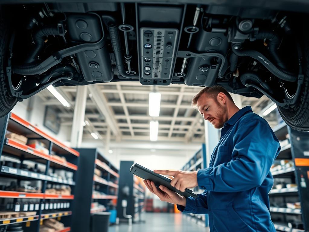 A well-lit, detailed interior of an electric vehicle service center. In the foreground, a mechanic in a blue uniform inspects the undercarriage of an electric car using a tablet and specialized tools. Shelves of spare parts and diagnostic equipment line the walls in the middle ground. The background features high ceilings, overhead lighting, and an industrial aesthetic, conveying a sense of professionalism and technical expertise. The scene evokes the routine maintenance and inspection of an electric vehicle, with a focus on the advanced systems and specialized procedures required for this type of automobile.