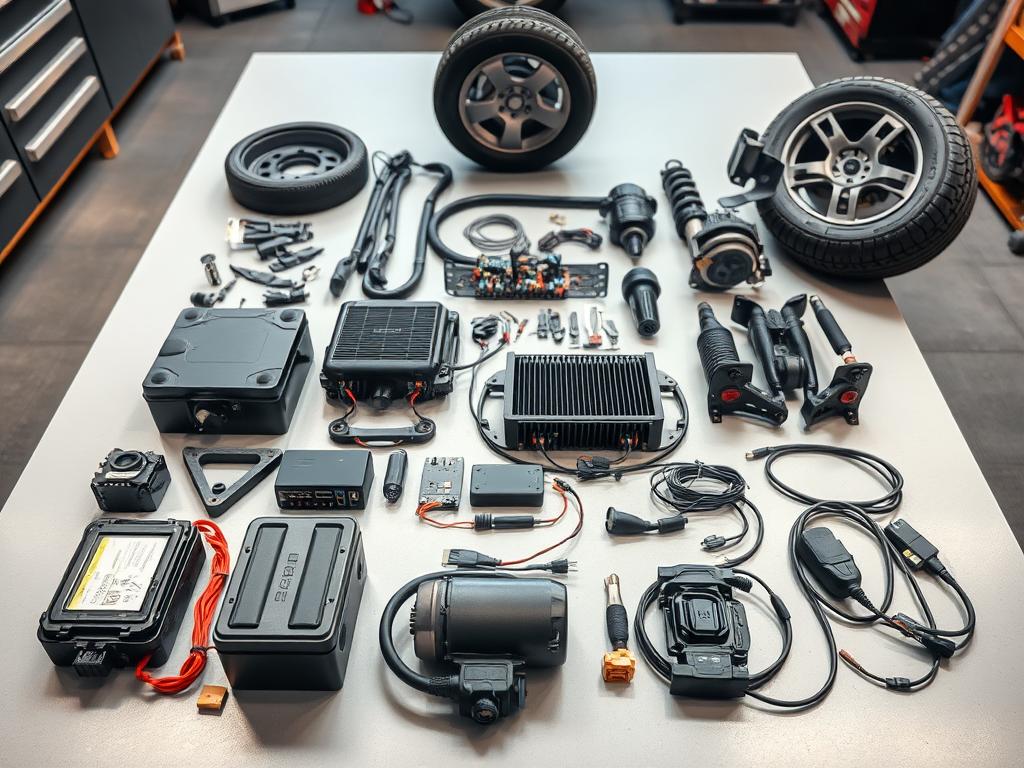 A well-lit, high-angle shot of an assortment of electric vehicle maintenance components laid out on a clean, grey workshop table. In the foreground, a battery pack, electric motor, and charging port. In the middle ground, an ECU (electronic control unit), cooling system, and wiring harness. In the background, a tire, suspension, and braking system. The lighting is crisp, the focus is sharp, and the overall scene conveys a sense of precision and technical expertise required for EV upkeep.