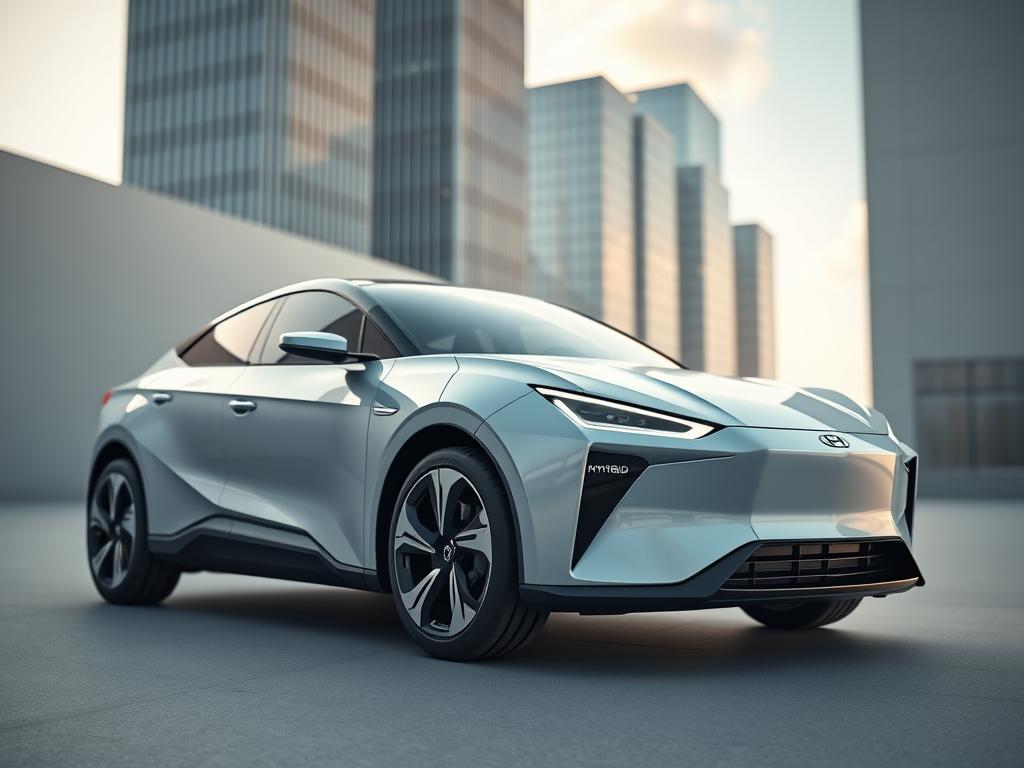 a highly detailed, photorealistic 3D render of a hybridfahrzeug, or hybrid vehicle, with a sleek, aerodynamic design and prominent hybrid badging on the exterior. The vehicle is seen in a dynamic three-quarter angle view, capturing its futuristic and eco-friendly aesthetic. The scene is illuminated by soft, directional lighting that highlights the contours and lustrous paint finish, creating a sense of sophistication. The background is a minimalist urban setting, with tall modern buildings and a glimpse of the sky, emphasizing the vehicle's place in a sustainable, technology-driven world. The overall composition and attention to detail convey the essence of what a hybridfahrzeug is - a cutting-edge, environmentally-conscious mode of transportation.