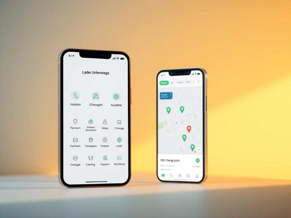 A clean, modern mobile app interface showcasing the key functions of the "Laden Unterwegs" electric vehicle charging app. The foreground features a sleek smartphone display with intuitive icons and controls for locating nearby charging stations, checking availability, initiating charging sessions, and managing payment. The middle ground depicts the app's navigation, displaying a detailed map with charging point locations marked. The background has a minimalist, high-tech ambiance with subtle gradients and clean geometric shapes, reflecting the app's streamlined and user-friendly design. Warm lighting and a calming color palette convey a sense of ease and confidence for e-mobility drivers on the go.