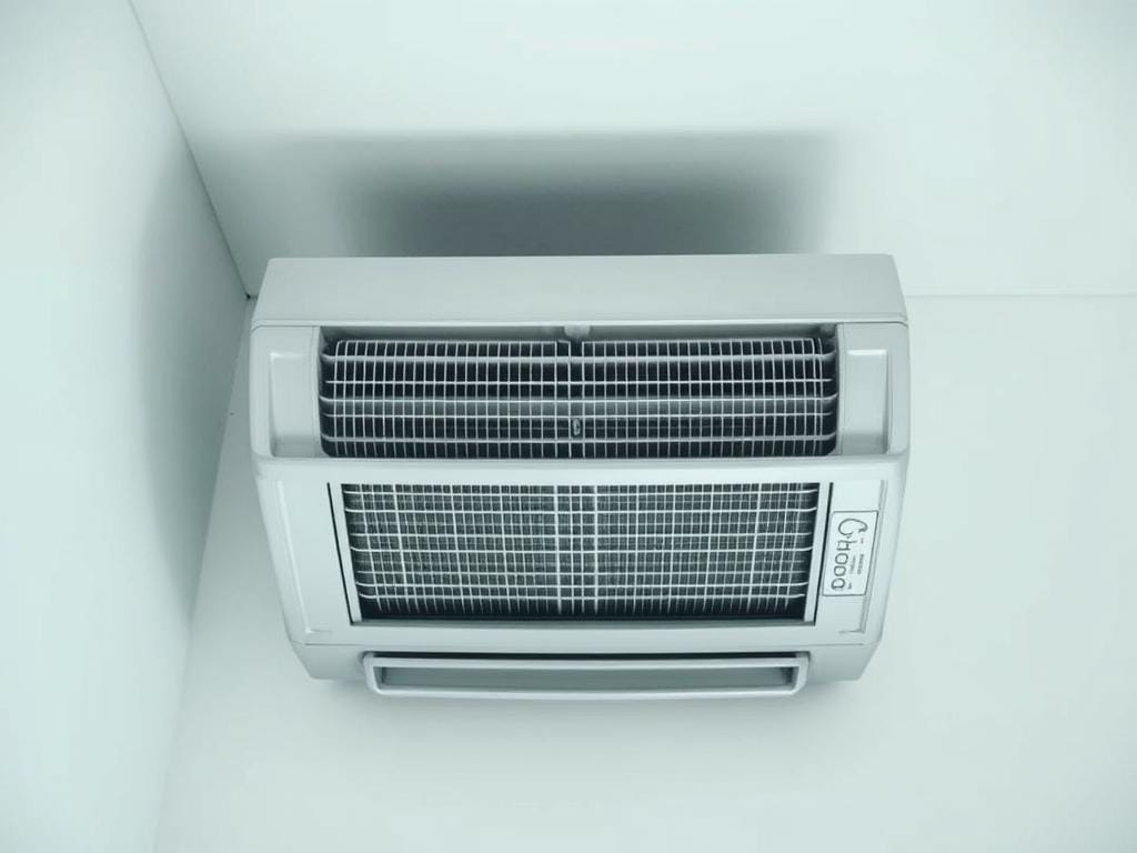 A clean, well-maintained air conditioning unit, its metal casing gleaming under soft, diffused lighting. The unit is situated in a minimalist, modern interior, with neutral-colored walls and a subtle, calming atmosphere. The camera angle captures the unit from a slightly elevated perspective, emphasizing its sleek, functional design. The image conveys a sense of care and attention to detail, suggesting the importance of proper maintenance and preparation for the disinfection process outlined in the article.
