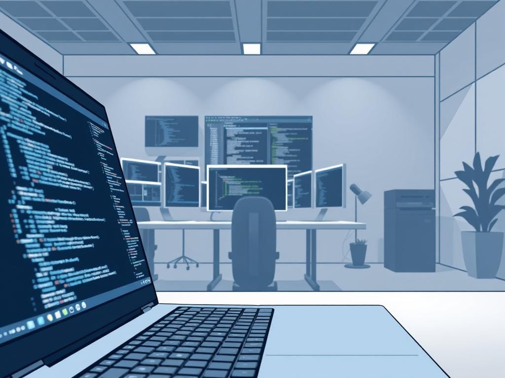 A detailed, technical illustration of "auto codieren" featuring a modern laptop or desktop computer in the foreground, displaying lines of code and programming interfaces. In the middle ground, various software development tools and integrated development environments (IDEs) are visible, suggesting the process of software coding and programming. In the background, a subdued, minimalist office or workspace setting provides context, with clean lines, neutral colors, and subtle lighting to maintain focus on the central subject matter. The overall mood is one of precision, focus, and the intellectual pursuit of software engineering.
