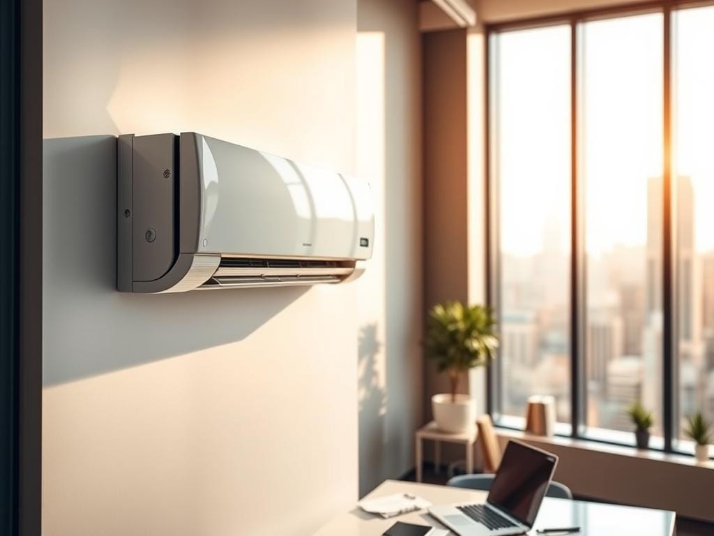 A modern, well-lit office interior with a sleek, wall-mounted air conditioning unit prominently featured in the foreground. The AC unit has a glossy white casing and a display panel, conveying a sense of technological sophistication. The middle ground shows a desk with a laptop, papers, and office supplies, suggesting the importance of maintaining a clean and healthy work environment. The background features large windows overlooking a cityscape, bathing the scene in warm, natural light. The overall mood is one of professionalism and attention to detail, highlighting the significance of properly disinfecting the air conditioning system.