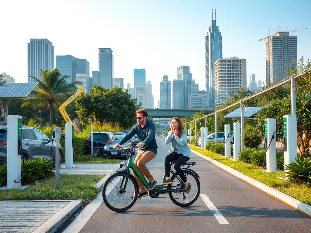 A serene and sustainable cityscape with electric vehicles charging at modern charging stations, surrounded by lush greenery and renewable energy sources like solar panels. In the foreground, a family of four rides a sleek electric bicycle down a dedicated bike lane, with a backdrop of towering skyscrapers and a clear blue sky. The scene conveys a sense of environmental harmony, with clean air and a focus on efficient, eco-friendly transportation options. The lighting is soft and diffused, creating a warm, inviting atmosphere. The overall composition emphasizes the importance of electric mobility and its role in promoting a greener, more sustainable future.