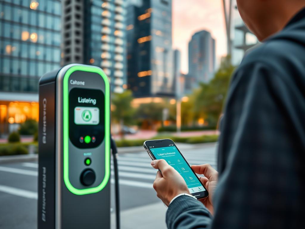 A sleek, modern electric vehicle charging station set against a vibrant urban backdrop. In the foreground, a person interacts with a seamless, intuitive mobile app displayed on their smartphone, navigating the charging process. The station is illuminated by warm, welcoming lighting, creating a comfortable and efficient atmosphere for electric vehicle owners on the go. The cityscape in the background features a blend of modern architecture and lush greenery, reflecting a sustainable and progressive vision for urban mobility. Photorealistic rendering with a high level of detail, capturing the convenience and user-friendliness of the "Laden Unterwegs" app for electric vehicle charging.