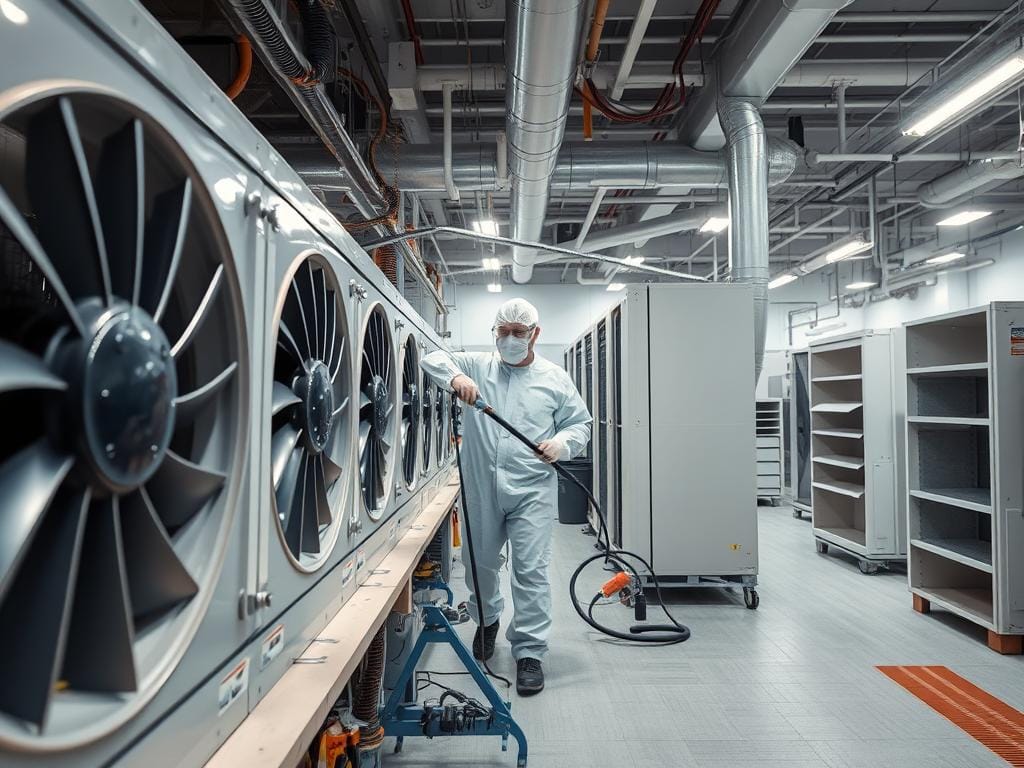 A well-lit, meticulously detailed image of an industrial-scale air conditioning unit undergoing a comprehensive disinfection process. The foreground showcases the internal components of the unit, with specialized disinfection equipment being applied to the coils, fans, and filters. In the middle ground, a technician in protective gear carefully monitors the process, ensuring thorough coverage. The background depicts a clean, organized maintenance facility, with a sense of precision and attention to detail. The lighting is bright and clinical, highlighting the technical nature of the task. The overall atmosphere conveys a sense of professionalism and the importance of maintaining a sanitized climate control system.