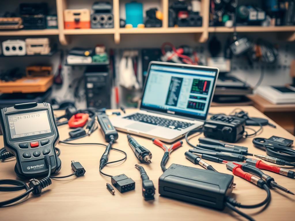 A well-lit workshop table showcases an assortment of tools for vehicle coding. In the foreground, a professional-grade diagnostic scanner, cables, and adapters stand ready. In the middle ground, a laptop with coding software open, surrounded by a multimeter, pliers, and a soldering iron. The background features shelves stocked with various connectors, modules, and electronic components. Soft, warm lighting illuminates the scene, creating a focused, technical atmosphere suitable for the intricate task of vehicle coding.