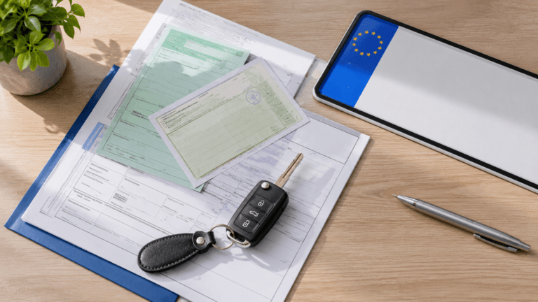 Unterlagen für die Kfz-Zulassung in Berlin – Fahrzeugpapiere, eVB-Nummer und Ausweis bereitgelegt