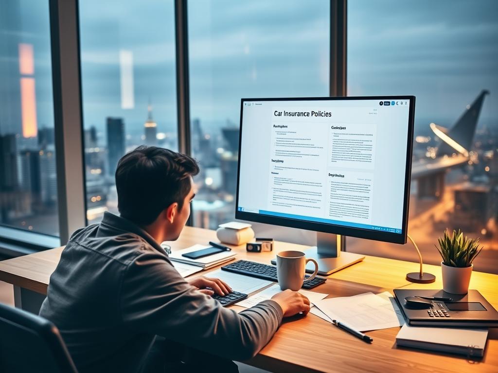A modern office workspace with a desk, computer, and office supplies. In the foreground, a person is sitting at the desk, comparing car insurance policies on the computer screen. The desk is cluttered with documents, a calculator, and a mug of coffee, creating a sense of concentration and productivity. The background features a large window overlooking a city skyline, with a warm, diffused lighting creating a comfortable and professional atmosphere. The overall scene conveys the idea of researching and comparing car insurance options online, as part of the process of finding the best coverage and rates.