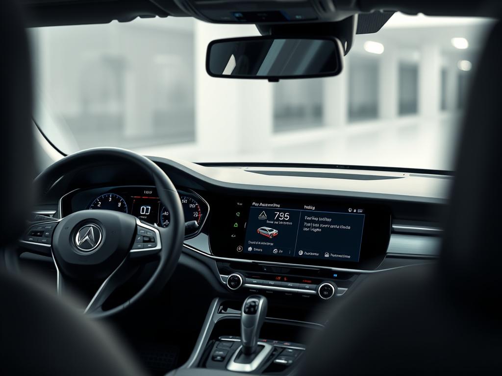 A sleek, modern car interior with a digital dashboard display showcasing detailed vehicle information and ratings. The display has a clean, minimalist design with clear readouts of key metrics like mileage, fuel efficiency, and safety features. The car's steering wheel and center console are partially visible, giving a sense of the vehicle's overall ergonomics and user-friendly layout. The scene is well-lit, with soft, diffused lighting highlighting the display's clarity and crispness. The background is blurred, keeping the focus on the vehicle's assessment and performance data. The overall mood is one of confidence, professionalism, and technological sophistication.