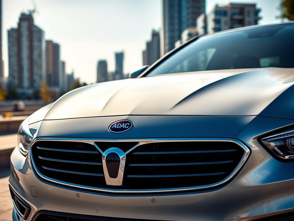 A sleek, modern silver sedan with the ADAC logo prominently displayed on the grille, parked in a sunny urban setting. The car's exterior is gleaming, with the headlights and chrome accents catching the light. In the background, there is a cityscape of tall, modern buildings and a clear blue sky. The scene conveys a sense of reliability, security, and the premium quality associated with the ADAC brand. The lighting is warm and natural, creating a welcoming atmosphere that invites the viewer to learn more about the ADAC auto insurance offering.