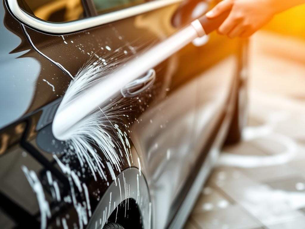 A close-up view of a person's hands using a high-pressure car wash wand to clean the exterior of a shiny black sedan. The background is blurred, placing the focus on the washing technique. The water spray creates a mist, adding a sense of movement and energy to the scene. Warm, natural lighting casts a soft glow, highlighting the gleaming paintwork and creating defined shadows. The prompt conveys the care and attention required for proper car maintenance, aligning with the article's theme of "Autopflege beginnt mit der richtigen Waschtechnik".