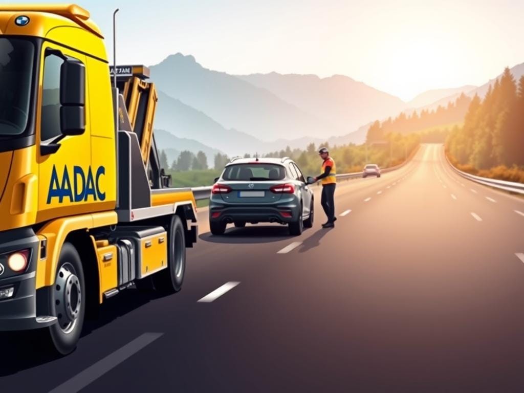 A detailed illustration of the ADAC Pannenhilfe roadside assistance service. In the foreground, a modern tow truck with the ADAC logo prominently displayed, its bright yellow color and sleek design conveying efficiency and reliability. In the middle ground, a stranded vehicle on the side of the road, with the ADAC technician assisting the driver. The background features a scenic autobahn or highway, with mountains or forests in the distance, suggesting a rural or semi-urban setting. The lighting is bright and natural, with warm tones that create a sense of comfort and reassurance. The overall composition and attention to detail should effectively communicate the key aspects of the ADAC Pannenhilfe service.