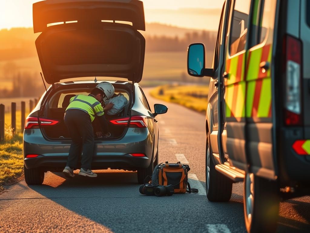 A detailed image of a modern roadside assistance vehicle parked on a country road, with a technician in high-visibility uniform inspecting the underside of a stranded car. The scene is bathed in warm, golden afternoon light, creating a sense of calm and efficiency. The technician's tools and equipment are neatly organized, conveying a professional and well-equipped service. In the background, a scenic landscape of rolling hills and trees frames the scene, emphasizing the importance of reliable roadside assistance, even in remote areas. The overall atmosphere suggests a reliable, trustworthy, and essential service for drivers in need.