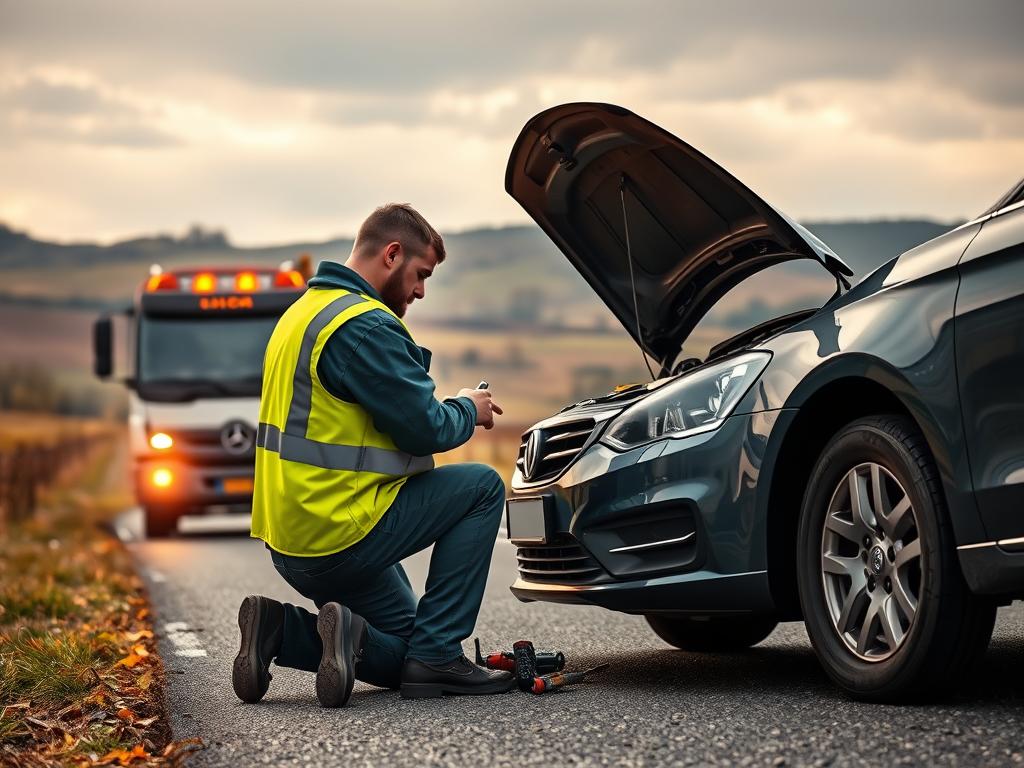 A detailed, photorealistic image of a roadside car breakdown assistance service in action. In the foreground, a mechanic in a reflective safety vest kneels next to an open car hood, tools in hand, examining the engine. In the middle ground, a tow truck with flashing lights and a car on its flatbed platform. In the background, a rural German highway with rolling hills and sparse trees under an overcast sky. Warm, soft lighting illuminates the scene. The overall mood is one of efficiency, professionalism, and reliable automotive assistance.