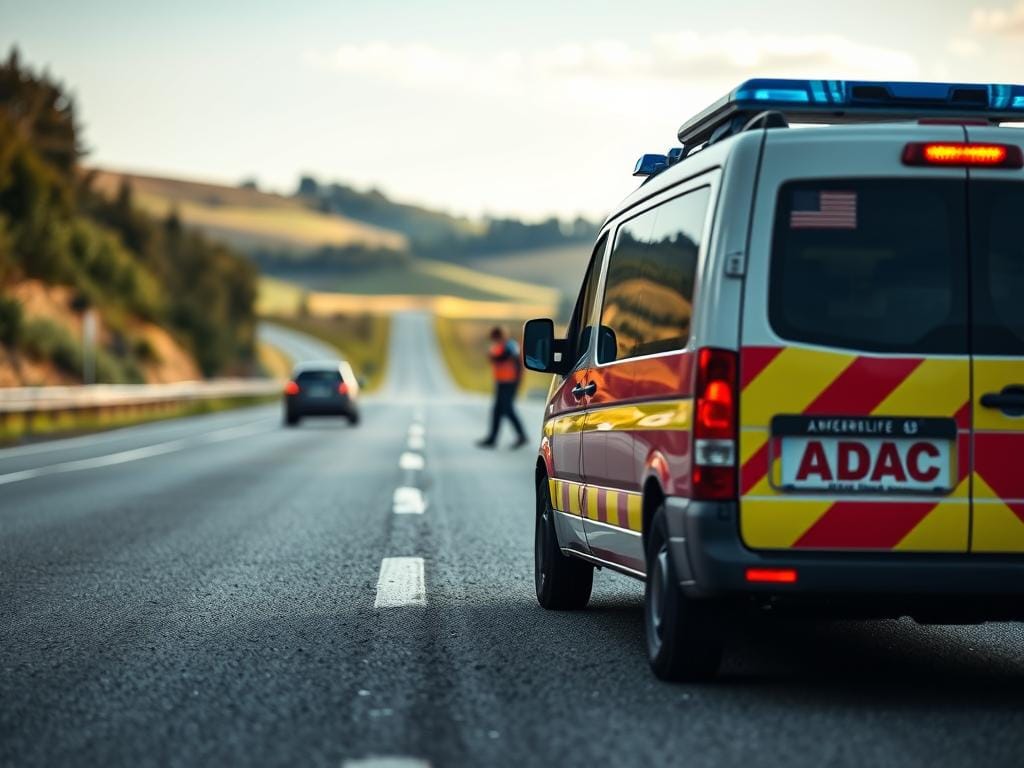 A detailed roadside assistance vehicle prominently displayed in the foreground, featuring the ADAC logo and colors. The vehicle has its emergency lights flashing, conveying a sense of urgency and readiness to provide assistance. In the middle ground, a disabled vehicle is visible, with the ADAC service provider attending to the situation. The background depicts a scenic highway landscape, with rolling hills, trees, and a clear sky, creating a calming and reassuring atmosphere. The lighting is natural, with soft shadows and highlights accentuating the details of the scene. The overall composition and attention to detail aim to showcase the professionalism and reliability of the ADAC Pannenhilfe service.