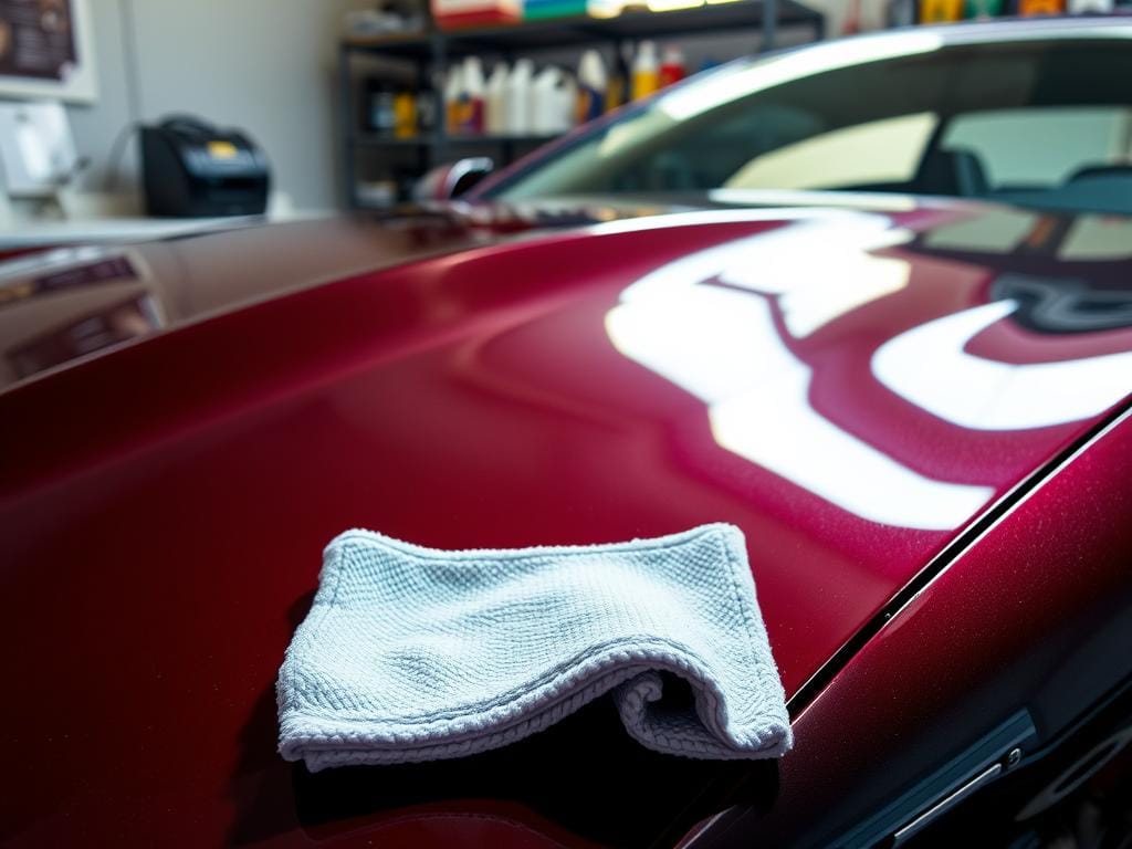 A gleaming, freshly waxed car in a bright, sunlit garage. The deep, glossy paint reflects the overhead lighting, highlighting the smooth curves of the vehicle's body. In the foreground, a detailing cloth lays neatly folded, ready to meticulously polish the chrome trim and remove any lingering smudges or swirl marks. The background features shelves stocked with a variety of specialized car care products, creating a sense of a well-equipped, professional-grade auto care workspace. The overall scene conveys a sense of pride, attention to detail, and a commitment to maintaining the vehicle's pristine appearance.