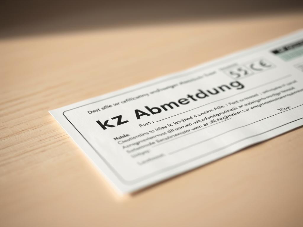 A high-quality close-up photograph of a car registration certificate, or "Kfz Abmeldung" document, lying on a plain, slightly textured wooden surface. The document should be the focal point, with a shallow depth of field that gently blurs the background. Lighting should be soft and natural, with a warm, muted color palette that conveys a sense of simplicity and authenticity. The image should evoke a feeling of official administrative procedures, while maintaining a clean, uncluttered aesthetic to align with the article's subject.