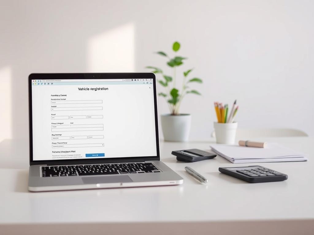 A minimalist yet informative desktop scene depicting the process of vehicle deregistration. In the foreground, a laptop screen shows an online form with fields to be filled out, hinting at the digital nature of the task. The middle ground features various office supplies like a pen, paper, and a calculator, alluding to the administrative aspects. The background showcases a clean, neutral workspace with a potted plant, suggesting a calm and organized environment. The lighting is soft and natural, creating a serene atmosphere. The camera angle is slightly elevated, providing an overview of the scene and emphasizing the simplicity and efficiency of the deregistration process.