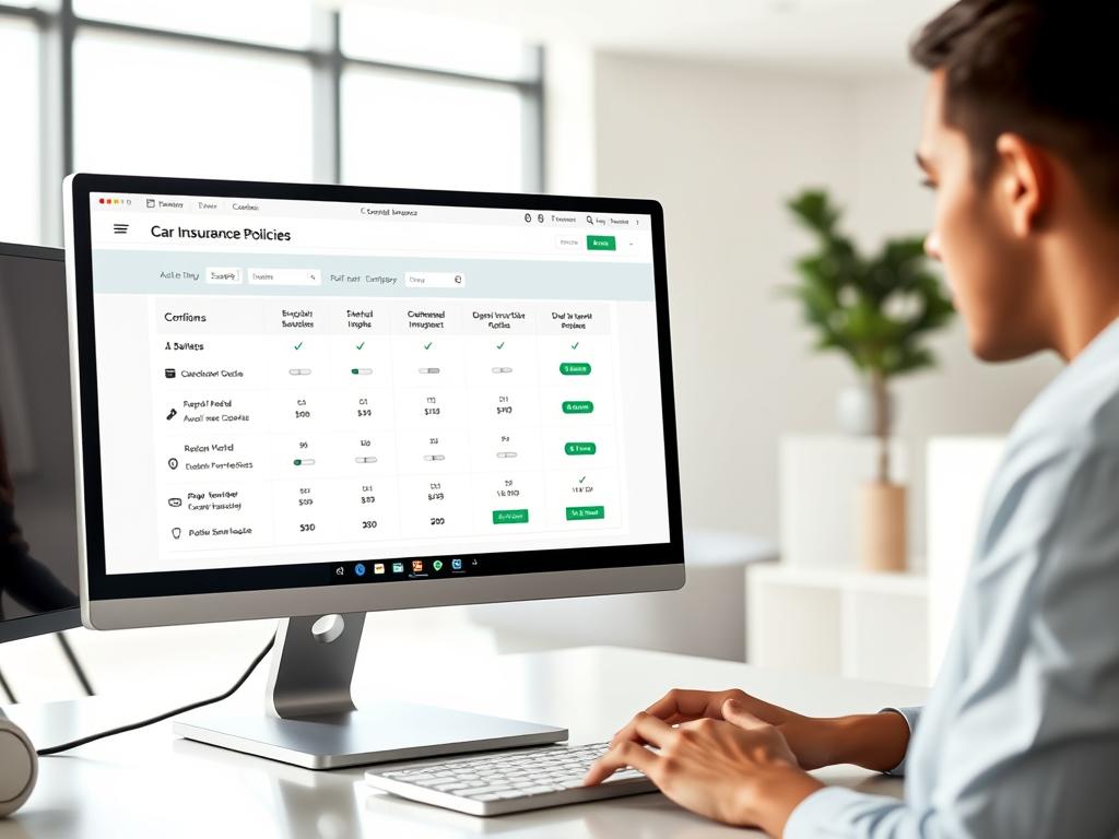 A modern, sleek website interface showcasing the process of comparing car insurance policies online. In the foreground, a desktop computer display features a clean, user-friendly comparison tool with sliders, dropdown menus, and clear pricing information. The middle ground depicts a person using the interface, hands on the keyboard, with a focused, thoughtful expression. The background presents a minimalist office setting, with a large window allowing natural light to stream in, creating a bright, airy atmosphere. The overall scene conveys the convenience, efficiency, and potential cost savings of comparing auto insurance policies online.