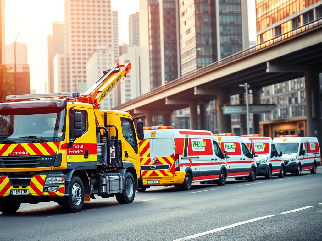 A modern tow truck with a bright yellow and red color scheme stands prominently in the foreground, its powerful hydraulic arm extended and ready to assist a stranded vehicle. In the middle ground, a fleet of well-maintained service vans in the distinctive livery of a leading German roadside assistance provider lines the street, their logos and branding clearly visible. The background features a busy urban setting, with skyscrapers and modern infrastructure, conveying the efficient and professional nature of the Pannenhilfe services available in Germany. The scene is illuminated by warm, natural lighting, creating a sense of reliability and trustworthiness. The overall composition and attention to detail communicate the comprehensive and dependable nature of the Pannenhilfe services in Deutschland.